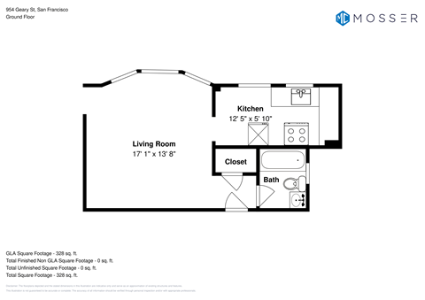Floor plan for studio, 1 bath, 349 sqft